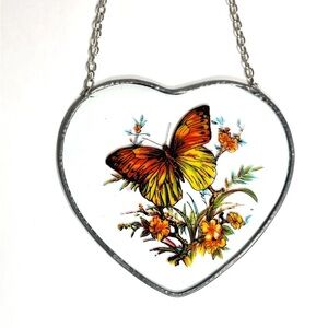 Vintage Butterfly Suncatcher, Heart Shaped, Orange